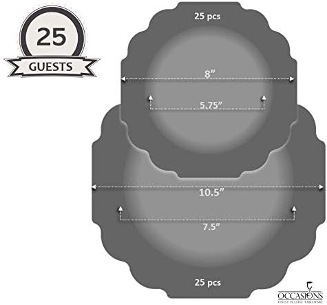 " OCCASIONS " 50 Plates Pack (25 Guests)-Heavyweight Wedding Party Disposable Plastic Plate Set -(25x10.5'' Dinner + 25x8'' Salad/dessert (Imperial in Black & Gold)