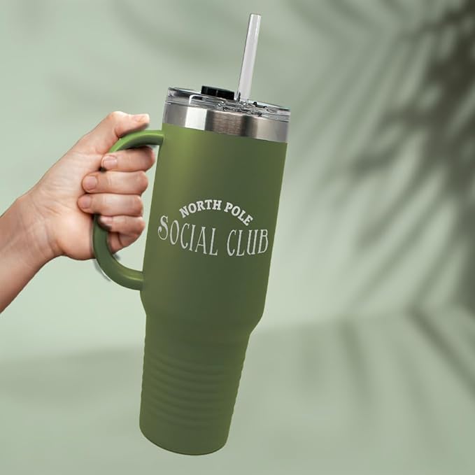 Speedy Pros Tumbler Cups with Straw North Pole Social Club Christmas Xmas Coffee Tumbler with Lid Personalized Insulated Travel Mugs Engraved Stainless-Steel 40 Oz Forest Green Design Only
