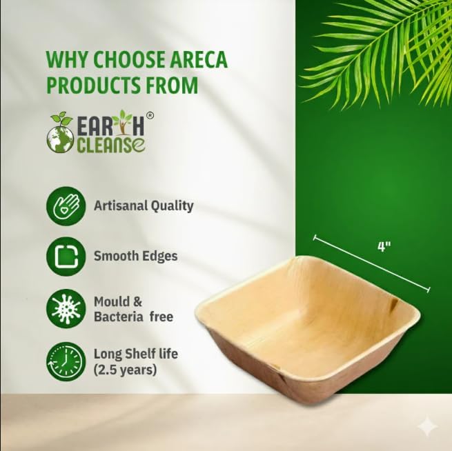 4" Areca Palm Leaf Square Bowls Compostable Biodegradable Eco-Friendly Bowls Natural Disposable Bowls, Perfect for Picnic Catering, Dessert, and Wedding (Pack of 25)