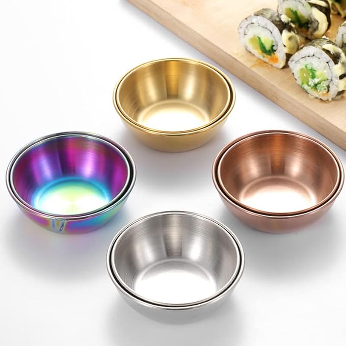 12 Pack Stainless Steel Sauce Dishes, Rose Gold Mini Saucers Bowl Round Seasoning Dishes Sushi Dipping Bowl Appetizer Plates, 3.15inch