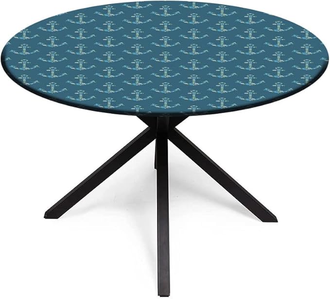 Small Round Tablecloth, Nautical Washable Polyester Table Cloth for, Anchors Maritime Theme Decor, Fit Round Tables 32inch Diameter, for Wedding Party Dining Banquet Use, Petrol Blue Beige