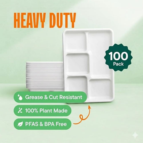 100% Compostable, Large 5 Compartment, Disposable Tray [100-Pack] - [12.5 Inch] Heavy Duty Biodegradable Bagasse Sectional Lunch Trays + Dividers - Divided Platter - (PFAS Free) (BPA Certified)