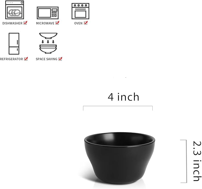 Selamica Ceramic Small Bowls Dessert Bowls 8oz Bouillon Cups for Dessert Soup Dipping Sauce Coffee Cupping Microwave and Dishwasher Safe - Set of 6(Black)