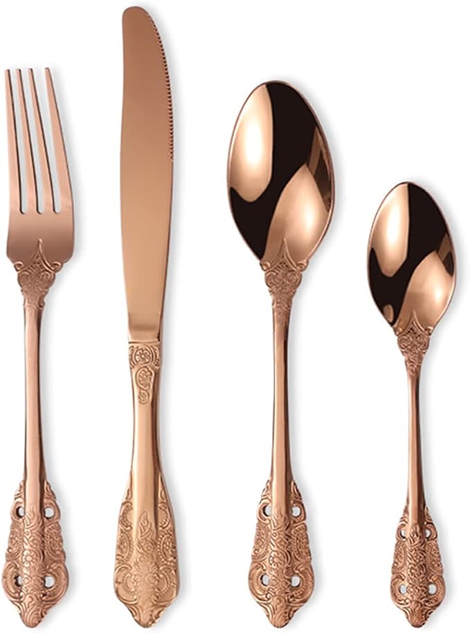 Vintage Rose Gold Silverware Flatware Set for 6, European Classic Style 24 Pieces Stainless Steel Tableware Cutlery Set,Fine Kitchen Utensils for Wedding Restaurant Hotel Christmas