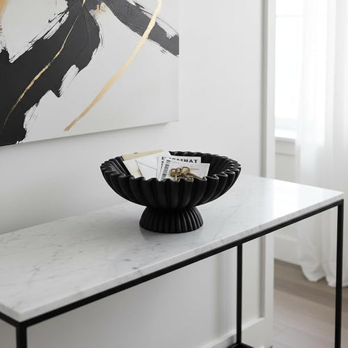 10" Large Decorative Bowl decor, Scalloped Bowls for Modern Home Decor,Ruffle Decor,Stylish Key Bowl for Entry Table,Decorative Fruit Bowl for Kitchen Counter,With base,Black