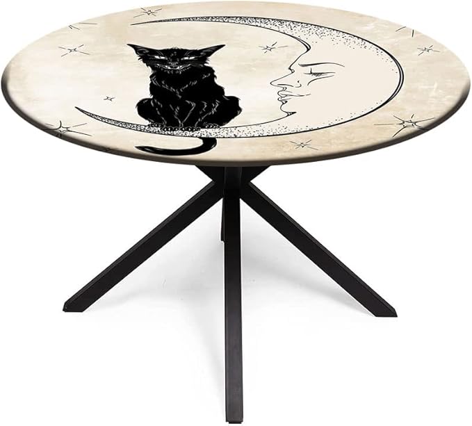 Small Round Tablecloth, Moon Washable Polyester Table Cloth for, Black Cat Sitting on White Crescent Moon, Fit Round Tables 44inch Diameter, Holiday Party Home Kitchen Dining Table Decoration