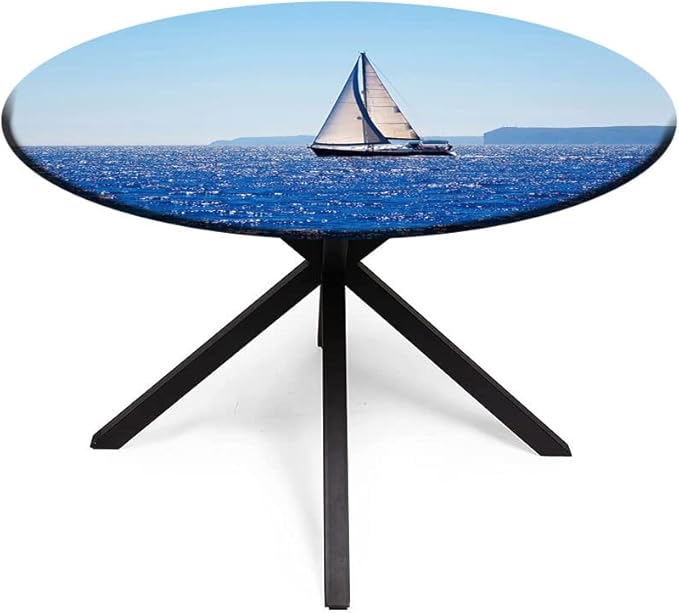 Round Edge Closing Tablecloth, Ocean Elastic Edged Tablecloth, Blue Mediterranean Sailboat Sailing in Round Tables 56inch Diameter, for Outdoor Indoor Use, Blue