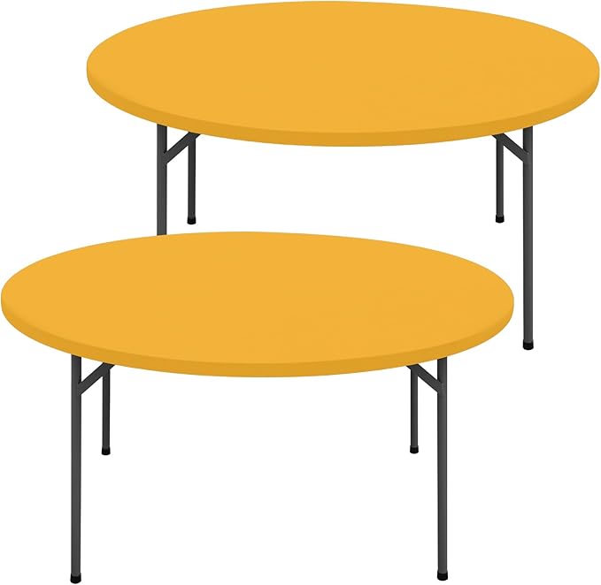 Round Spandex Tablecloth 2 Pack, Elastic Fitted Waterproof Tablecloths for 57"-68" Tables, Stretch Washable Picnic Table Cover for Camping, Dining, Indoor and Outdoor, Mustard Yellow