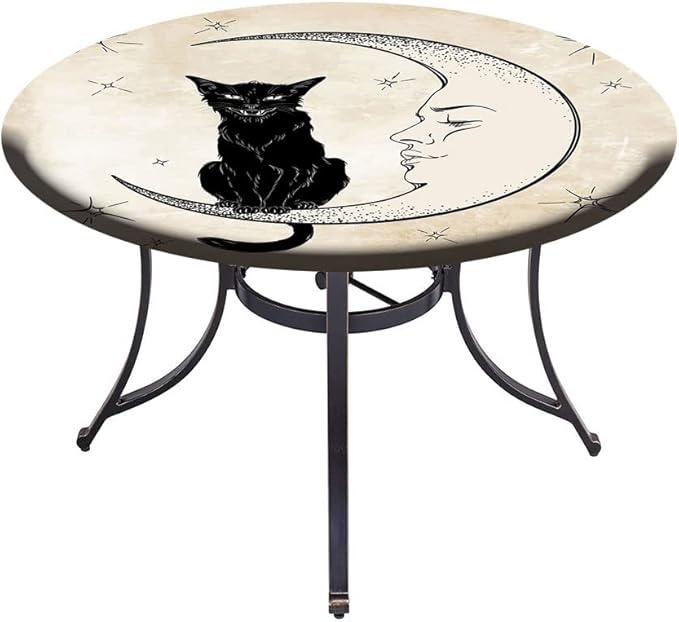 Round Edge Closing Tablecloth, Moon Elastic Edged Tablecloth, Black Cat Sitting on White Crescent Moon, Fit Round Tables 39inch Diameter, for Dining Room/Party/Banquet Decoration, Sand Brown Black
