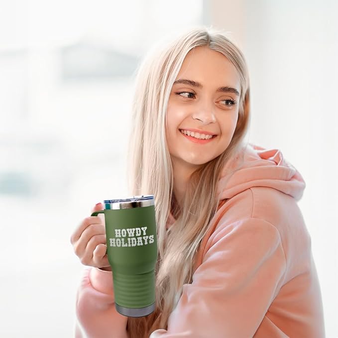 Speedy Pros Tumbler Cups with Straw Howdy Holidays Christmas Xmas Coffee Tumbler with Lid Personalized Insulated Travel Mugs Engraved Stainless-Steel 20 Oz Forest Green Design Only