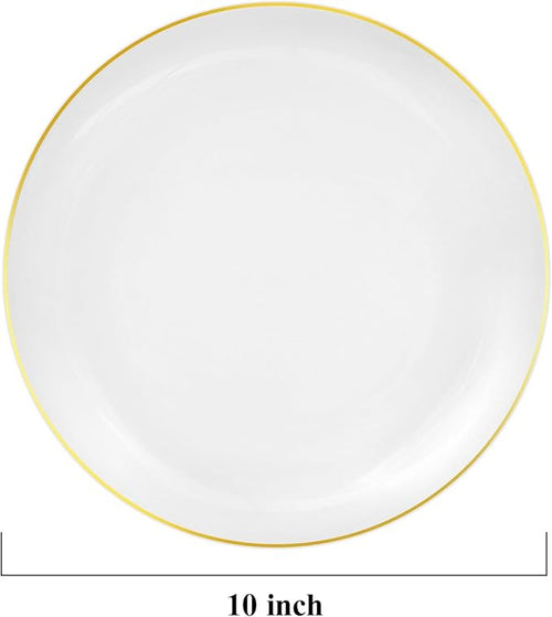 100 PCS Gold and White Plastic Plates, 10 inch White Disposable Plates for Party, Plastic Dinner Plates for Party, Graduation, Birthday, Wedding