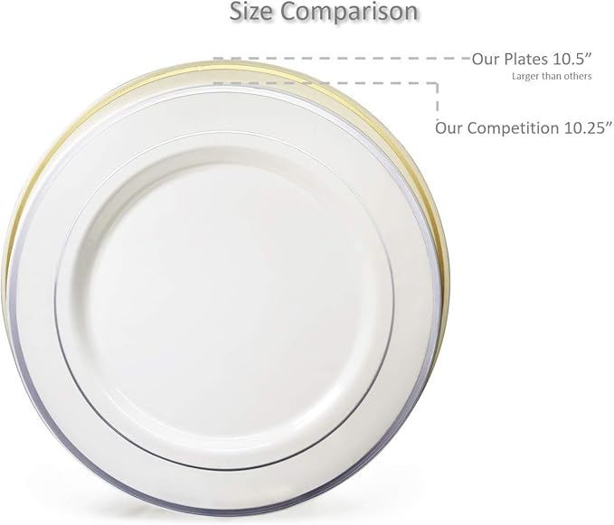 OCCASIONS 120 Plates Pack,(60 Guests) Heavyweight Premium Wedding Party Disposable Plastic Plates Set -60 x 10.5'' Dinner + 60 x 7.5'' Salad/Dessert (Celebration White & Rose Gold)