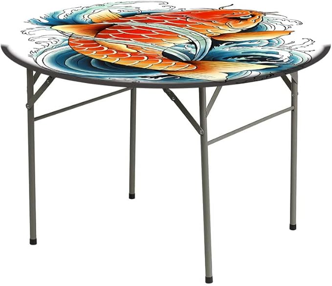 Polyester Tablecloth, Koi Fish Waterproof Oil-Proof PVC Table Cloth, Tattoo Style Japanese Wave, Fit Round Tables 56inch Diameter, for Xmas/Parties/Home, Multicolor
