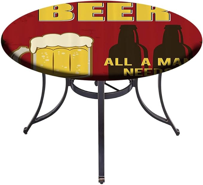 Polyester Tablecloth, Manly Decor Waterproof Oil-Proof PVC Table Cloth, Beer Mug and Two Bottles with Quotes Beer All, Fit Round Tables 56inch Diameter, for Wedding Party Dining Banquet Use