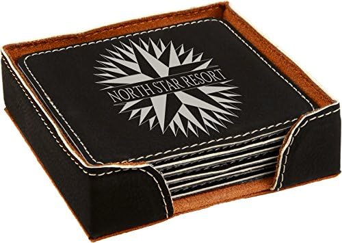 Custom Engraved Coasters | Personalized Leather Coaster | Set of 6 | Drink Coasters with Holder | Laser Engraved | Tabletop Protection | Gift for Couples (Square 4" x 4", Black w/Silver)