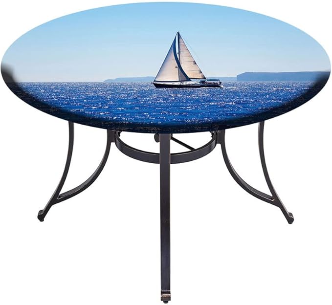 Round Vinyl Fitted Tablecloth, Ocean Print Polyester Table Cloth, Blue Mediterranean Sailboat Sailing in Round Tables 23inch Diameter, Holiday Party Home Kitchen Dining Table Decoration