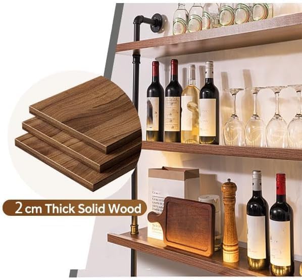 Large Wine Rack with LED Light Solid Wood Wall Mounted Wine Rack, 3-Tiers Liquor Bottles Floating Shelves Display Storage Organizer for Home Bar & Dining Room (120cm/47.2in)