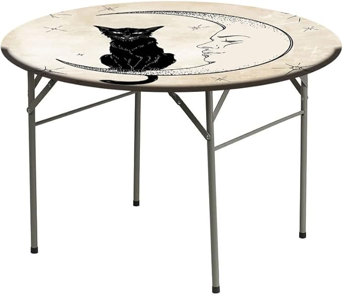 Round Tablecloth, Moon Tablecloth for Side Table, Black Cat Sitting on White Crescent Moon, Fit Round Tables 32inch Diameter, for Outdoor Indoor Use, Sand Brown Black