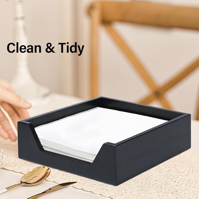 Napkin Holder for Table, 7.36" x 7.36" x 2.16" Wooden Napkin Dispenser with Side Large Opening for Paper Napkins, Modern Style Square Napkin Holder, Home Kitchen Dining Tabletop Decor, Black