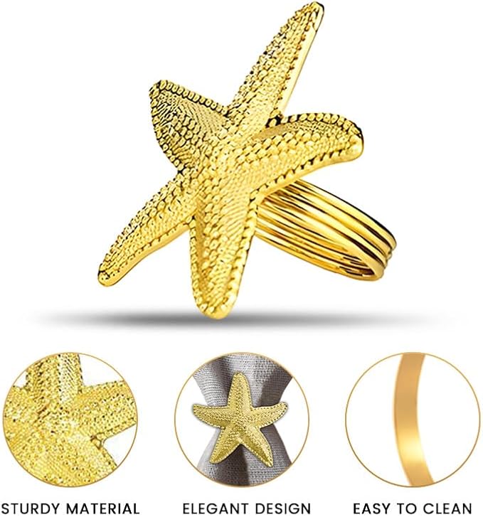 Decozen Set of 16 Gold Napkin Rings in Star Fish Design, Festive, Table Decor Setting for Holiday, Wedding, Birthday, Kitchen, Home Decor, Housewarming Gift - Mothers Day Decorations