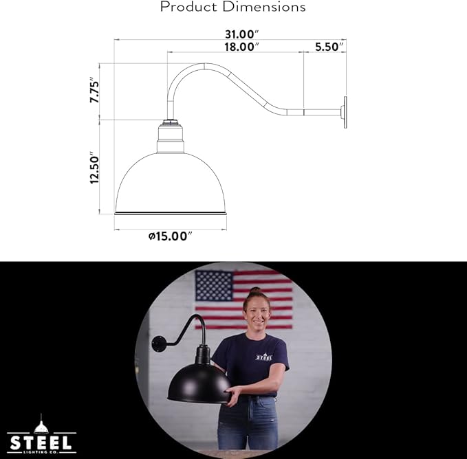 Steel Lighting Co. Hollywood Bowl Light | Outdoor Wall Mounted | 15 inch Bowl Dome | 23 inch Gooseneck | Barn Light Made in America | Matte Black Exterior/Matte Black Interior