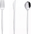 PULOTE 150PCS Silver Plastic Silverware Disposable - Heavy Duty Silver Plastic Cutlery Set - Plastic Utensils Set Include 50 Knives,50 Forks and 50 Spoons for Wedding,Party&Christmas