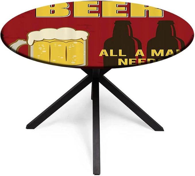 Elastic Tablecloth, Manly Decor Decorative Fabric Table Cover for, Beer Mug and Two Bottles with Quotes Beer All, Fit Round Tables 48inch Diameter, for Restaurant Picnic Indoor and Outdoor Use