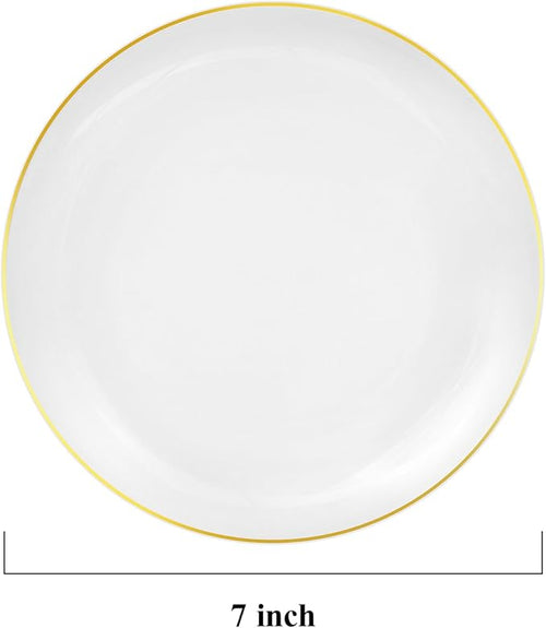 100 PCS Gold and White Plastic Plates, 7 inch White Disposable Plates for Party, Plastic Dessert/Salad Plates