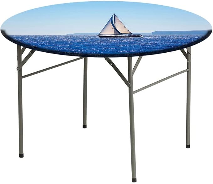 Round Tablecloth, Ocean Tablecloth for Side Table, Blue Mediterranean Sailboat Sailing in Round Tables 44inch Diameter, for Indoor Outdoor Fits, Blue