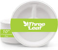 three leaf 10" 3 COMPARTMENT BAGASSE ROUND PLATE, 125 Ct. Heavy-Duty- Super Strong- Natural- Eco-Friendly Disposable Bagasse Plates, 100% Biodegradable 10 inch 3 compartment plates