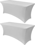 Obstal 4Ft Stretch Spandex Table Cover for Standard Folding Tables - 2 Pack Universal Rectangular Fitted Tablecloth for Party, Banquet, Events, Trade Show (Silver, 48L x 24W x 30H Inches)