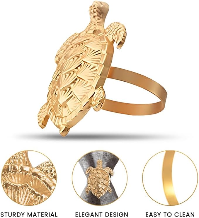 Decozen Set of 4 Gold Napkin Rings in Turtle Design Festive Table Decor Setting for Holiday Wedding, Birthday, Kitchen, Home Decor Housewarming Gift - Mothers Day Decorations