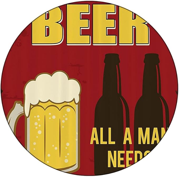 Round Tablecloth, Manly Decor Tablecloth for Side Table, Beer Mug and Two Bottles with Quotes Beer All, Fit Round Tables 32inch Diameter, for Dining Room/Party/Banquet Decoration, Yellow Burgundy
