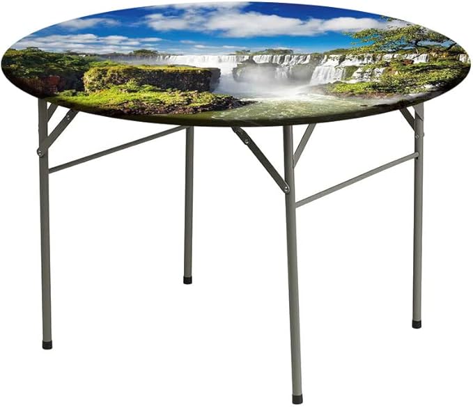 Round Edge Closing Tablecloth, Landscape Elastic Edged Tablecloth, Majestic Waterfall River Argentinean Falls Natural, Fit Round Tables 56inch Diameter, for Indoor Outdoor Fits, Multi