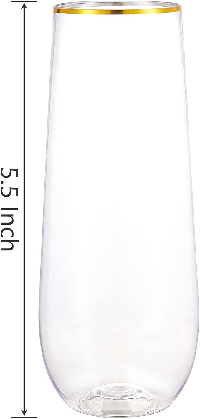 N9R 12PCS Plastic Champagne Flutes, 9 oz Stemless Disposable Gold Rim Toasting Glasses, Crystal Clear Cocktail Cups Drinkware Shatterproof Ideal for Party Wedding Birthday