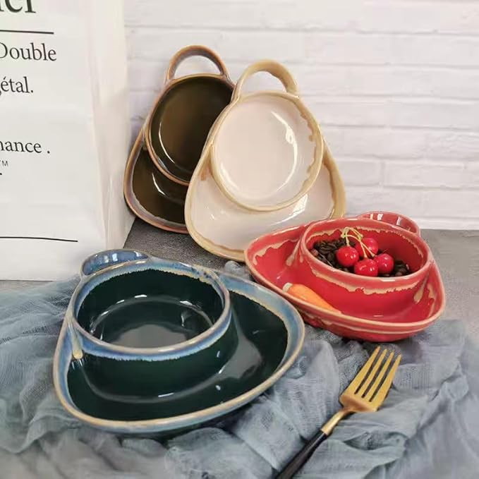 Soup and Side Bowl Plate Ceramic, Chip and Dip Divided Bowls, Anti-Soggy Cereal Bowl Bread Dipping Bowls Plates for Salad Breakfast, and Sandwich Ideal for Home and Restaurant (red+apricot+yellow)