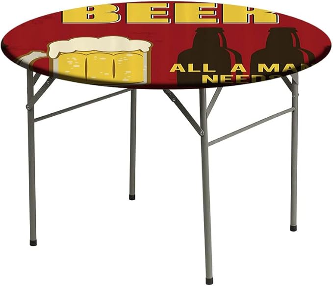Elastic Tablecloth, Manly Decor Decorative Fabric Table Cover for, Beer Mug and Two Bottles with Quotes Beer All, Fit Round Tables 23inch Diameter, for Outdoor Indoor Use, Yellow Burgundy