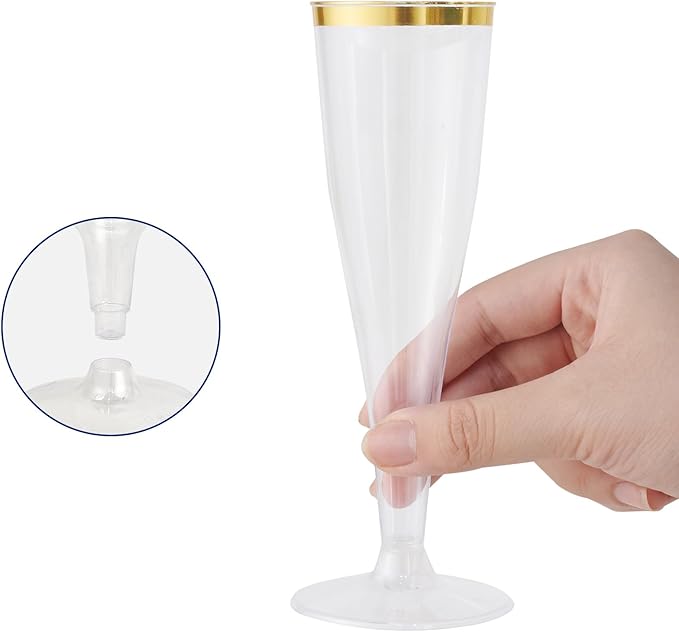JOLLY CHEF 36 Count Plastic Champagne Flutes 4.5 oz Gold Rim Clear Disposable Toasting Glasses
