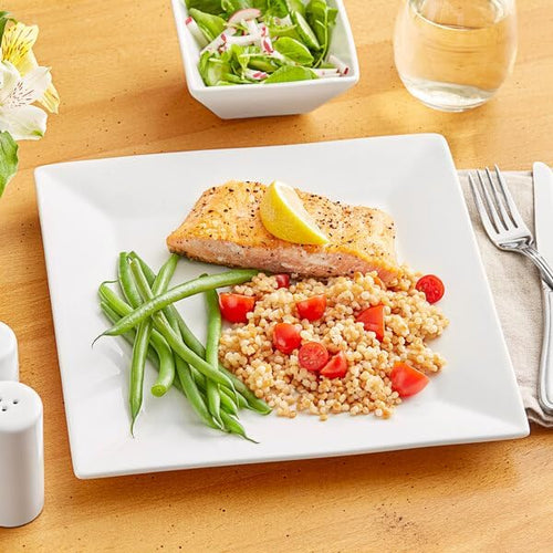10-Inch Square Porcelain Dinner Plate, Bright White, Wide Rim, Dishwasher Safe, Commercial Grade, 12 per Case