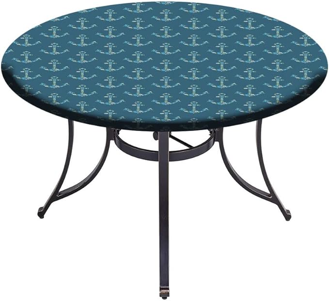 Round Tablecloth, Nautical Tablecloth for Side Table, Anchors Maritime Theme Decor, Fit Round Tables 44inch Diameter, for Outdoor Indoor Use, Petrol Blue Beige
