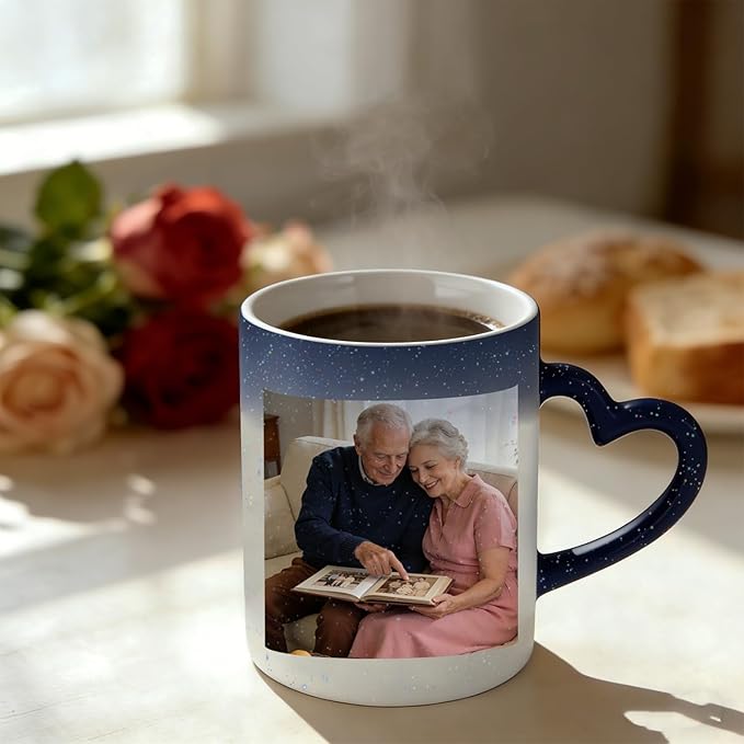 Custom Color Changing Mug,Personalized Photo Logo Text Print,Hidden Image Shows with Hot Drinks,Heart Shaped Handle Ceramic Coffee Cup,Home Office,for Valentine's Day (Dark Blue Starry)