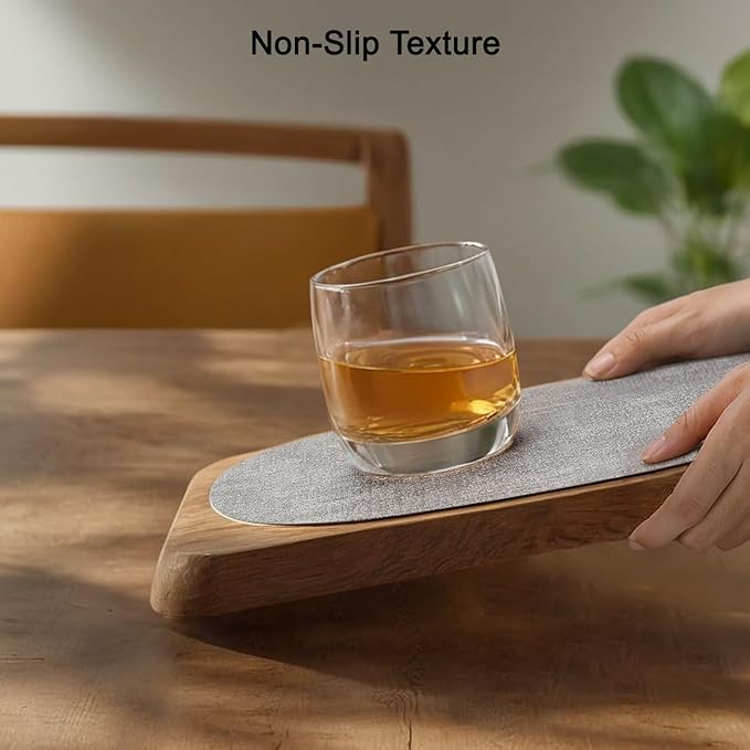Placemats and Coasters, Washable Placemats Round Faux Leather Wipeable Place Mats Non Slip Heat Resistant Indoor Outdoor Table Mats (Set of 4, Light Gray Reddish Brown)