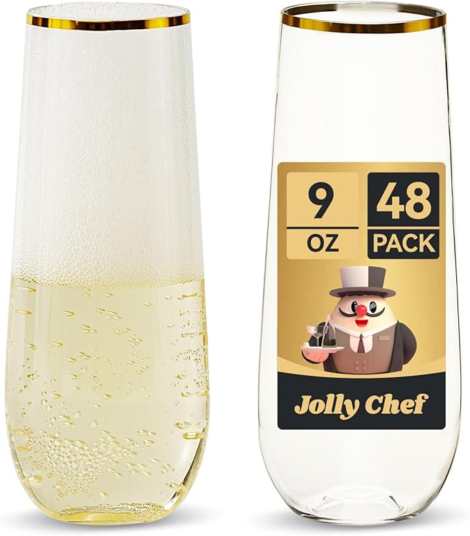 JOLLY CHEF 48 Pack Plastic Champagne Flutes, 9 oz Gold Stemless Champagne Flutes, Plastic Champagne Glasses, Shatterproof Recyclable Mimosa Glasses for Party, Wedding, Christmas, Birthday