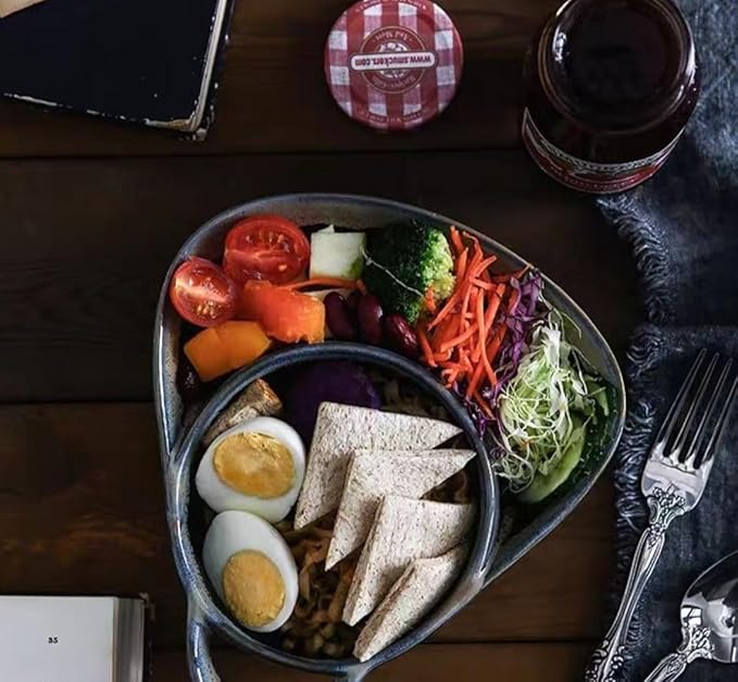 Soup and Side Bowl Plate Ceramic, Chip and Dip Divided Bowls, Anti-Soggy Cereal Bowl Bread Dipping Bowls Plates for Salad Breakfast, and Sandwich Ideal for Home and Restaurant (Apricot + blue)