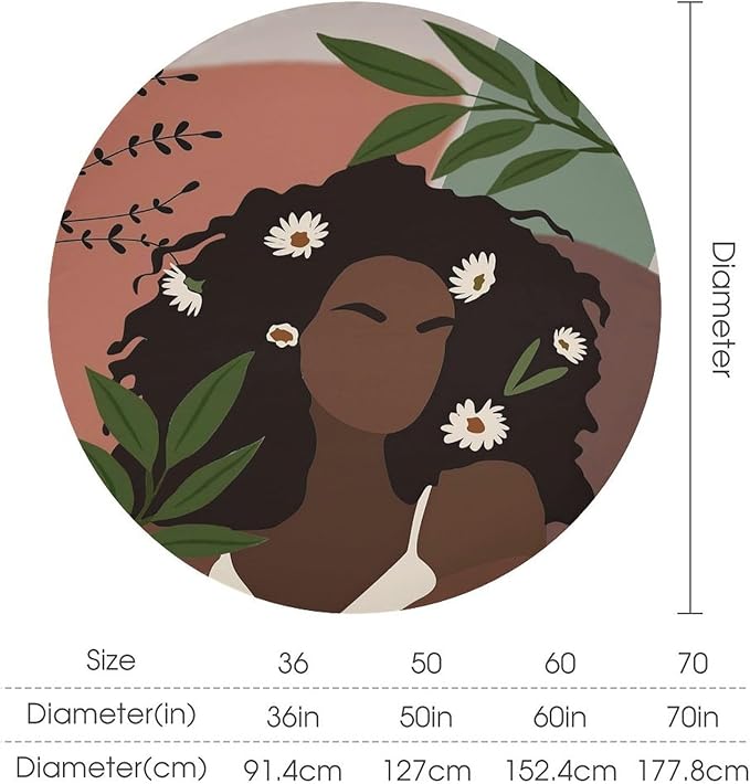 Bohemian Retro Mid Century Round Tablecloth, African Woman Girl Leaves Flower Tablecloth for Home Party Dining Room Kitchen Decor 36Inch(90cm)