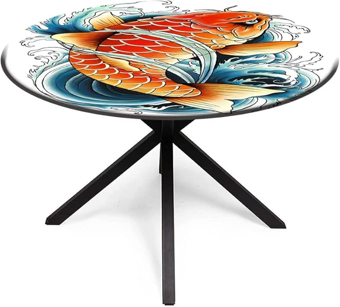 Elastic Tablecloth, Koi Fish Decorative Fabric Table Cover for, Tattoo Style Japanese Wave, Fit Round Tables 23inch Diameter, for Dining Room/Party/Banquet Decoration, Multicolor