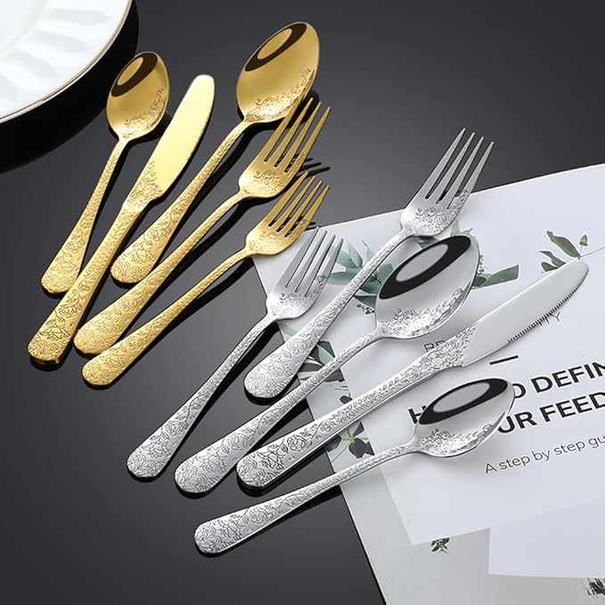 30-piece flowers TWEE Silverware Set for 6, Palace Style Stainless Steel Flatware Cutlery Serving Utensils, Eating Tableware for Home Kitchen Hotel Restaurant, Mirror Polished