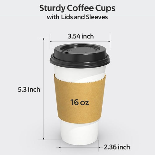 100 Pack 16 oz Disposable Coffee Cups with Lids and Sleeves, Sturdy Thick Paper & Leak-free Insulated to Go Paper Hot Coffee Cups with Sip Lids for Hot & Cold Beverage