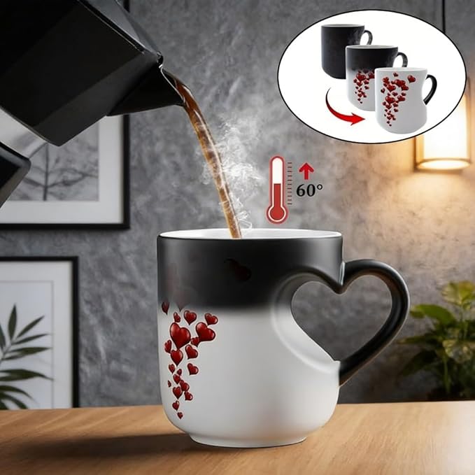 Heart-Shaped Color Changing Magic Ceramic Mug, Funny Heat Sensitive Coffee Cup Reveals Surprise Design with Hot Drinks for Valentine's Day & Anniversaries (2pcs)