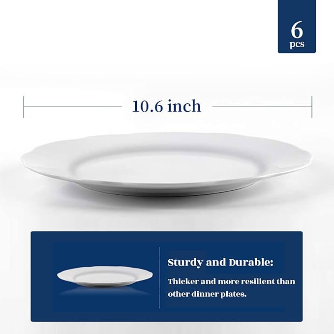 Y YHY Ceramic Dinner Plates, 10.6 Inch Porcelain Scalloped Plates, Off-White Serving Dishes Set of 6 for Home Kitchen, Microwave & Dishwasher Safe, Dinnerware Dishes Gift for Thanksgiving Christmas